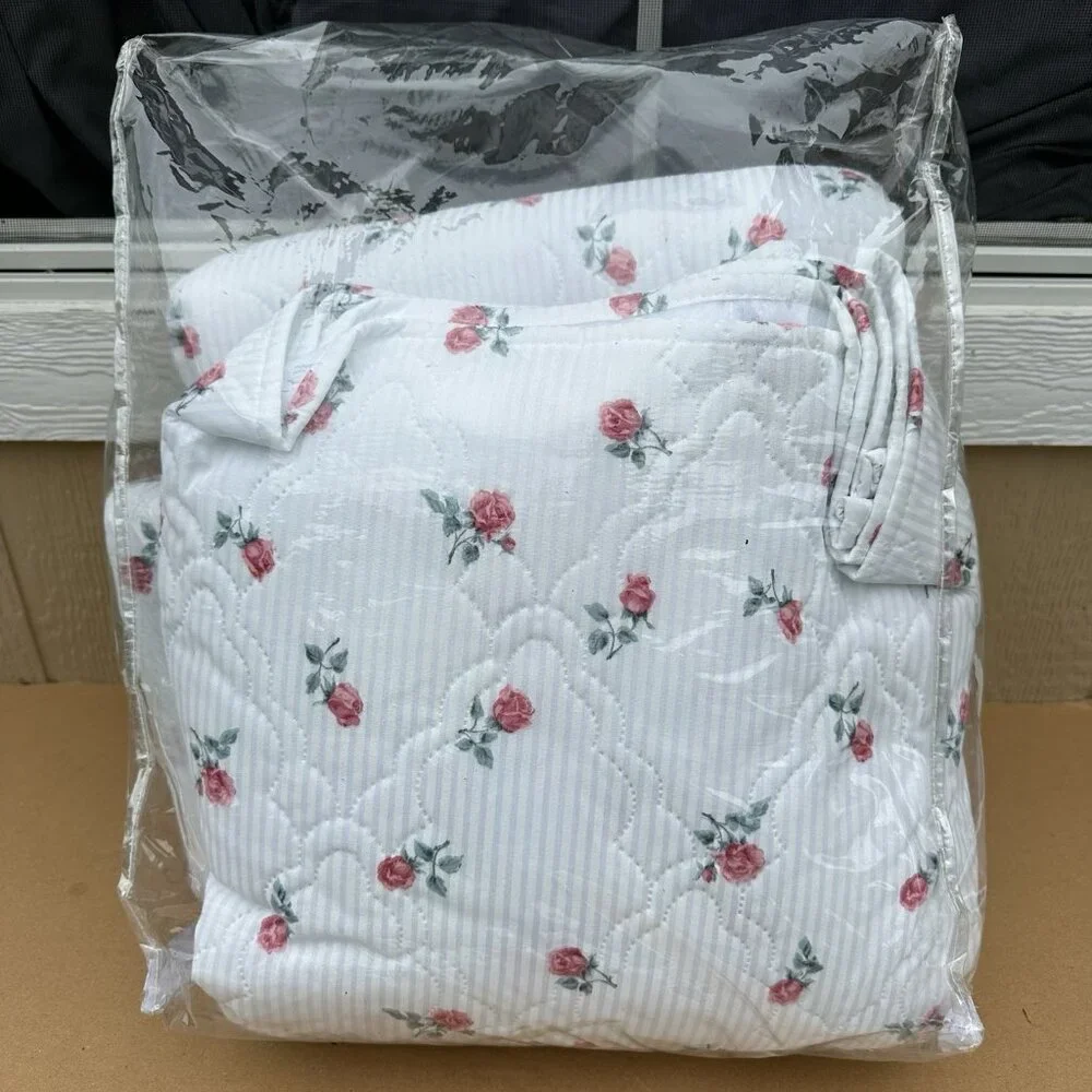 Vintage Cannon Victorian Rose Pink Floral 5 Piece Queen Sheet Bedspread Set New